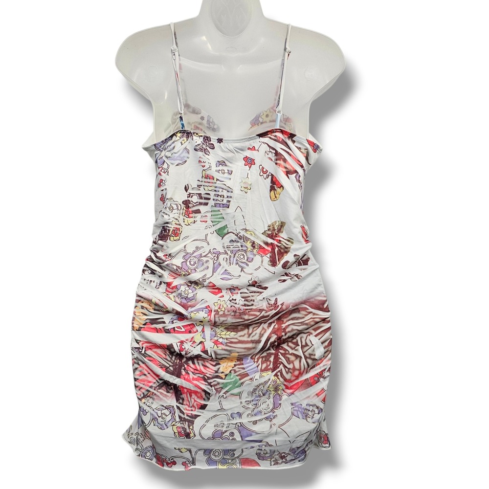 Y2K La Teen Mini Dress L White Pink Graphic Print Ruched Bodycon Babydoll NEW - Picture 2 of 12